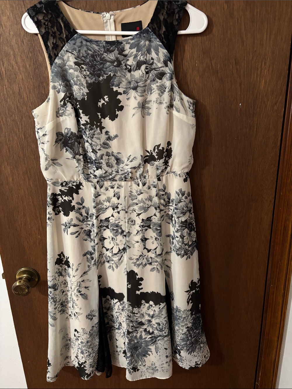 Scarlett Cream and Black Floral Lace-Trim Fit & Flare Dress with Gray Accents